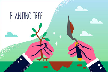 Person plant tree in ground with shovel 