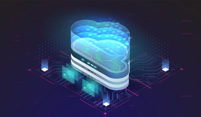 Wall Mural - Isometric modern cloud technology. loud storage download isometric vector illustration. Web hosting concept.