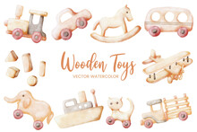 Wooden Toys Watercolor Set Collection Art Graphic Design Illustration