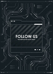 Follow us template with HUD futuristic background. Social media layout in cyber style.