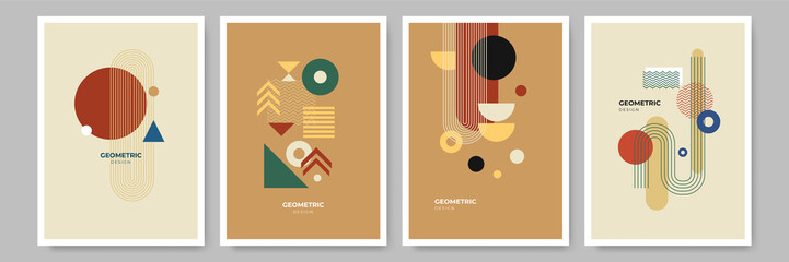 Wall Mural - Modern abstract geometric poster cover. Minimal retro boho bauhaus composition shapes design. Colorful geometric background. Vector illustration.