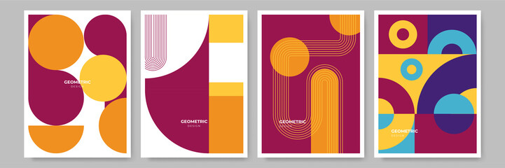 Wall Mural - Modern abstract geometric poster cover. Minimal retro boho bauhaus composition shapes design. Colorful geometric background. Vector illustration.