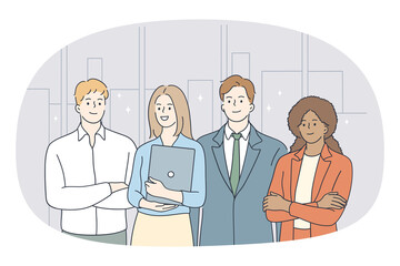 Wall Mural - Business mixed race team concept. Group of diverse mixed race people business partners workers standing together with laptop and looking at camera vector illustration 