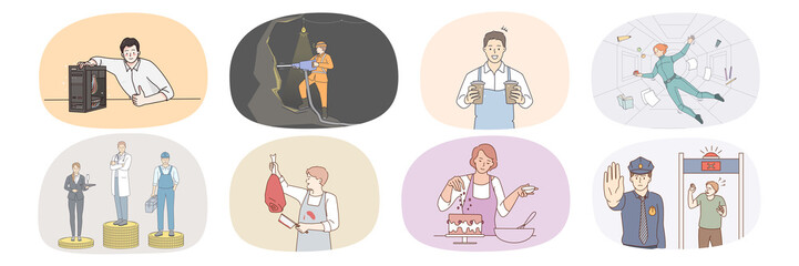 Set of diverse people professions. Collection of man and women employee at workplace. Person occupation and job. Engineer, policeman and spaceman. Chef, waiter and butcher. Vector illustration. 