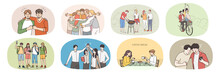 Set Of Smiling Millennial Diverse Friends Have Fun Enjoying Leisure Weekend Together. Collection Of Happy Young People Relax Rest On Summer Vacation. Youth Friendship Concept. Vector Illustration. 