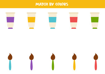 Wall Mural - Color matching game for preschool kids. Match paint tubes and brushes by colors.