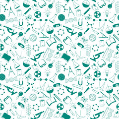 Wall Mural - Seamless pattern on the theme of science and inventions, diagrams, charts, and equipment, a green silhouettes of icons on white background 