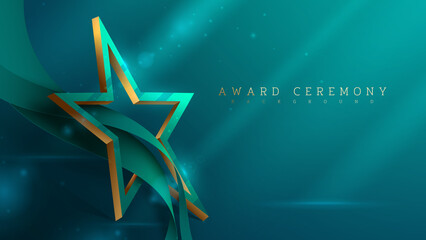 Wall Mural - award ceremony background and 3d gold star shape with green ribbon element and glitter light effect 