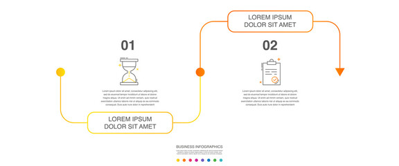 Vector line infographics with 2 options. Business timeline template with two steps and icons. Graphic timeline for a project on white background