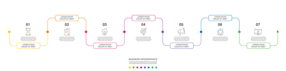 Vector line infographics with 7 options. Business timeline template with seven steps and icons. Graphic timeline for a project on white background