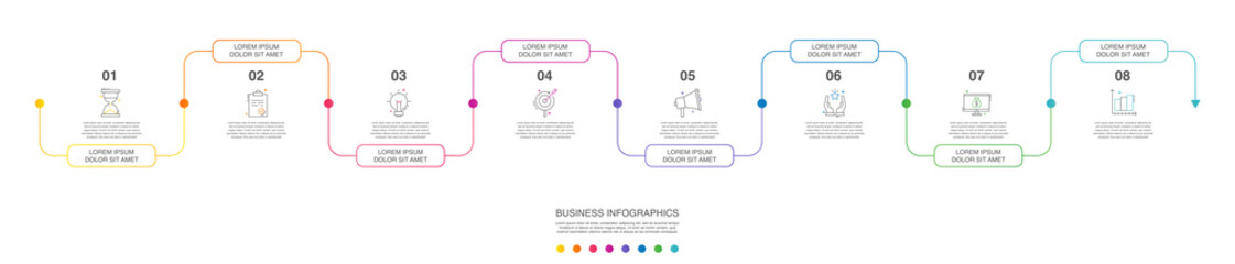 Vector line infographics with 8 options. Business timeline template with eight steps and icons. Graphic timeline for a project on white background