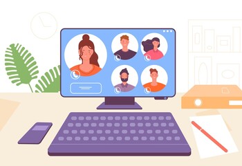 Sticker - Video conference. Online work chat, business team communication. Internet call or talk, office people distance meeting vector concept