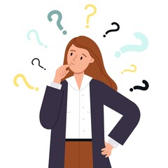 Business woman doubt. Girl think about question. Person thought, wonder idea or creative solve. Problem solution find, businesswoman decent vector character