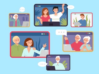 Poster - Online family meeting. Virtual call to parents, children and grandparents. Computer communication, happy people talk in internet, decent vector concept