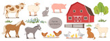 Fototapeta  - Farm animals set, farm and bushes on white background. Cartoon domestic animals collection. Vector illustration.