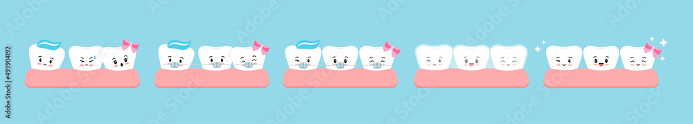 Vetor Tooth crooked, with dental braces stage, mouth guard in gym cute ...
