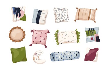 Poster - Cosy decorative cushions designs. Pillows set for interior decor, comfortable rest. Modern comfy ornamental soft pads for sofa. Colored flat graphic vector illustrations isolated on white background