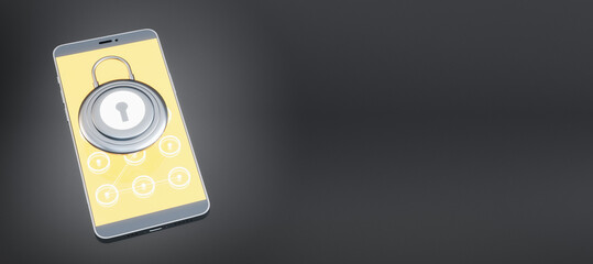 Poster - Close up of smartphone with creative padlock on screen. Wide black background with mock up plave for your advertisement. Secure device concept. 3D Rendering.