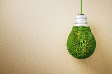 Poster - Abstract green grass light bulb on brown background with mock up place. Eco concept and energy concept. 3D Rendering.