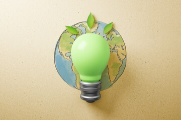 Aufkleber - Abstract green lamp on brown background with globe sketch. Energy and save concept. 3D Rendering.