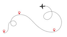 Planes. Line Of The Plane. Airplane Flight Path With Dash Line And Dash Line Trace. Vector