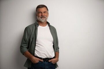 Wall Mural - Portrait of smiling mature man standing on white background