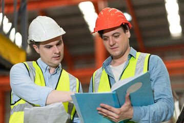 Engineer or foreman hard work with paperwork and machine at factory	