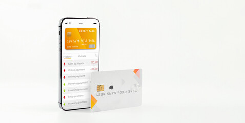 mobile banking network. smartphone with internet online bank application. debit card on white backgr