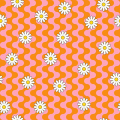 Wall Mural - Psychedelic hippie surface pattern design. Abstract seamless vector pattern. Chamomile flowers and wavy stripes, 60s, 70s retro style. vintage floral background