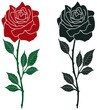 Rose Vektor mit abstrakt gezackten Blättern und Stacheln in rot, dunkel grün und Schwarz.
Weißer isolierter Hintergrund. Farbige und schwarze Variation einer Rose.