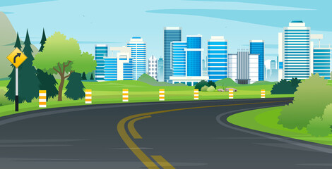 Wall Mural - The road curves into the city with buildings in the background.