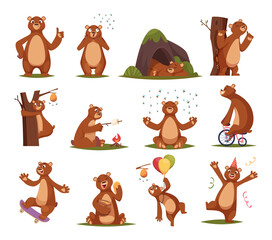 funny bear. cartoon bear mammals in action poses exact vector comic set illustrations of wild animal