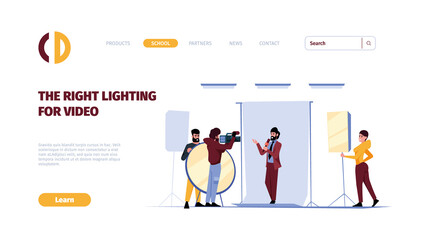Poster - installing electricity landing. engineers in uniform decorated interior with bulbs garish vector web