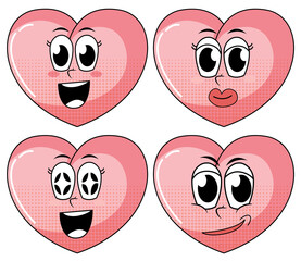 Wall Mural - Set of facial expression vintage style heart cartoon on white background