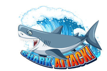 Shark attack font logo with cartoon aggressive shark