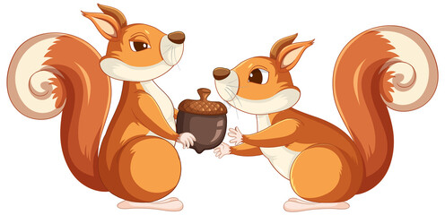 Wall Mural - Cute cartoon squirrel holding acorn on white background