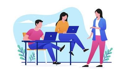 Poster - Small team in casual clothes working - Man and two woman doing work with computers. Flat design vector illustration with white background