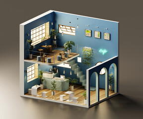Poster - Isometric view minimal cafe store open inside interior architecture, 3d rendering.