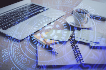 Aufkleber - Multi exposure of technology theme drawing and desktop with coffee and items on table background. Concept of data research.