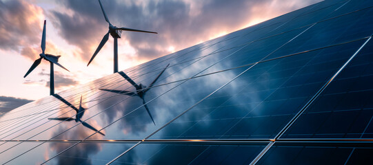 renewable energy concept. solar panels and wind generators with cloudy sky in the background. 3d ren