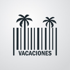 Sticker - Beach holidays. Destino de vacaciones. Banner con texto Vacaciones en español con silueta de palmera en código de barras en fondo gris