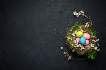 Wall Mural - Nest with Easter eggs and blooming branches on black background