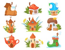 Cartoon Elves Houses. Fairy House In Tale Forest Trees, Gnome Land Mushroom Fairytale Cottage With Door, Natural Fantasy Village Garden Dwarf Fairies Home, Neat Vector Illustration