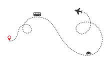 Multiple Transportation Ways On The Route. Airplane Flight Path With Dash Line And Dash Line Trace. Bus, Plane And Car Icons. 