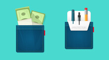Pocket With Money Cash Icon Vector And With Pen Pencils Holder Denim Protector Flat Cartoon Illustration