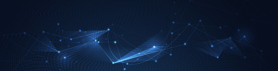 Fototapete - Vector illustration molecule, Connect line with dot, datum technology on blue background. Modern graphic design, abstract internet network connection. Digital communication,science, futuristic concept