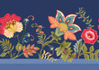 Fantasy flowers in retro, vintage, jacobean embroidery style. Border line seamless pattern on denim blue background. Vector illustration.