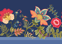 Fantasy Flowers In Retro, Vintage, Jacobean Embroidery Style. Border Line Seamless Pattern On Denim Blue Background. Vector Illustration.