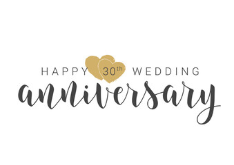 Wall Mural - Vector Illustration. Handwritten Lettering of Happy 30th Wedding Anniversary. Template for Banner, Card, Label, Postcard, Poster, Sticker, Print or Web Product. Objects Isolated on White Background.