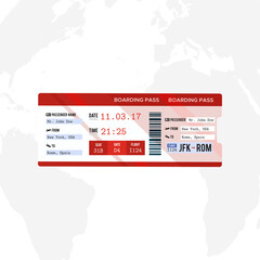  Airline boarding pass ticket on world map background. Concept template for travel, business trip or journey.